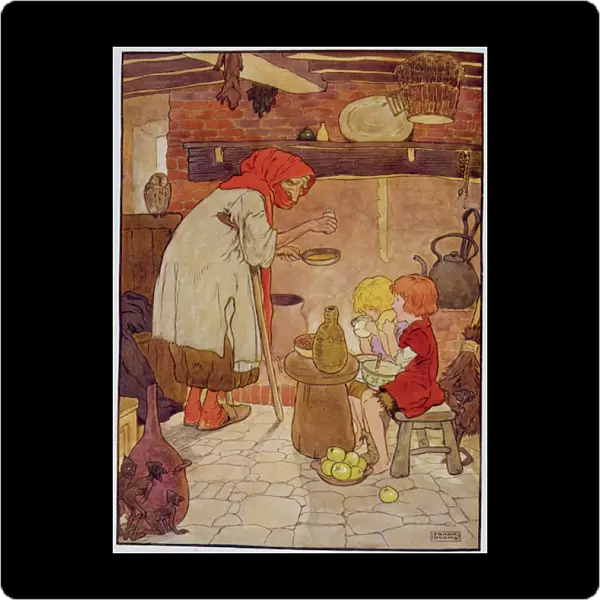 Hansel and Gretel are fed by the Witch, illustration from