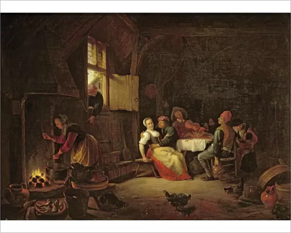 Peasants merrymaking at table in a cottage kitchen