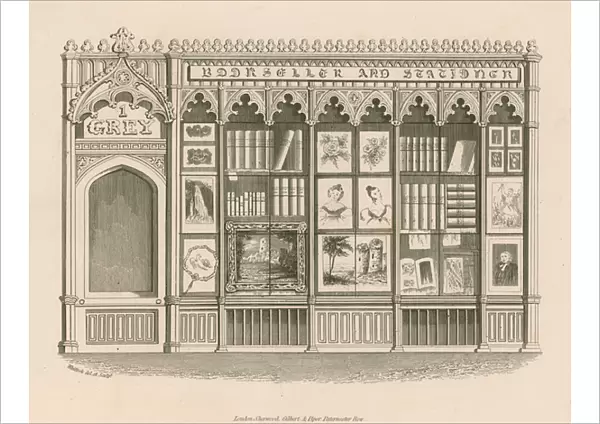 Gothic shop front design for a Bookseller and Stationer, designed to evade lease restrictions on a normal shop front (engraving)