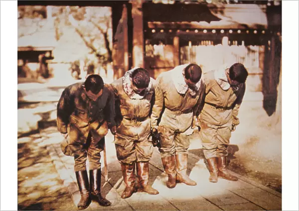 Japanese Kamikaze pilots at a Shinto temple before flying into battle, 1944-45 (photo)