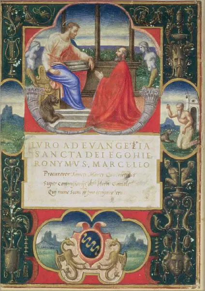 G. Marcello kneeling before St. Marco and St. Jerome and the coat of arms of the Marcello