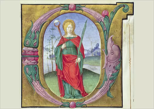 Historiated initial G depicting St. Agatha (vellum)