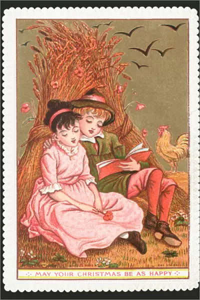 Boy reading book to Girl in field, Christmas Card (chromolitho)