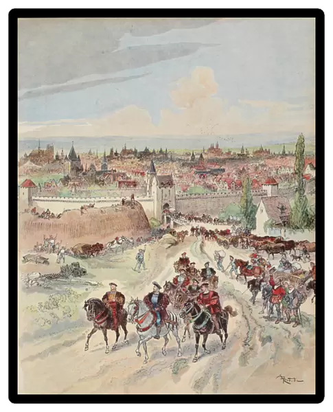 Francis I inspecting the work on the ramparts of Paris, illustration from