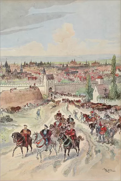 Francis I inspecting the work on the ramparts of Paris, illustration from