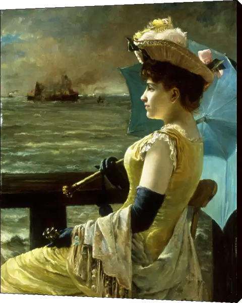 A Lady with a Parasol Looking out to Sea, (oil on canvas)