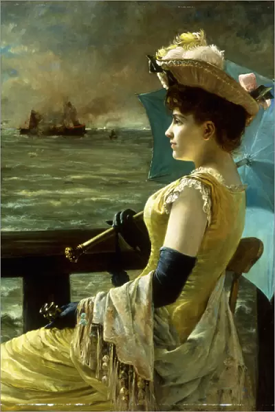 A Lady with a Parasol Looking out to Sea, (oil on canvas)