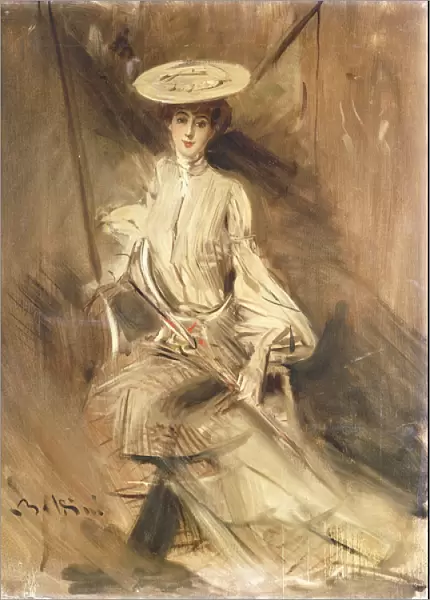 Portrait of a Lady, Seated, with a Parasol, (oil on canvas)