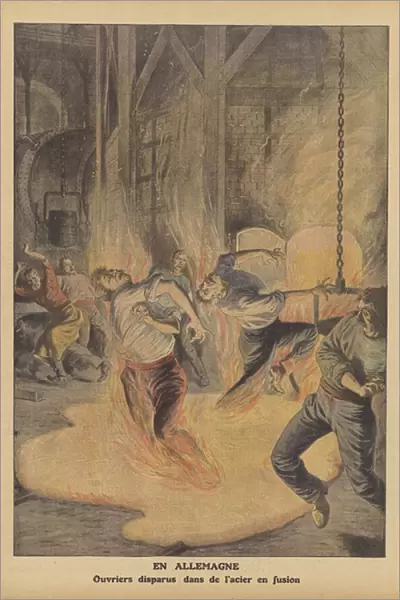 Steelworkers killed by molten steel in Germany (colour litho)