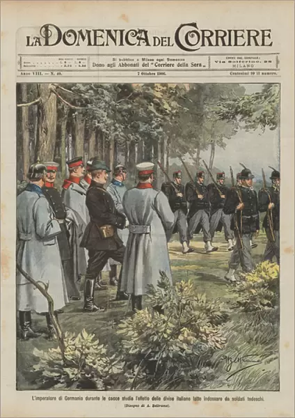 The Emperor of Germany during the hunts studies the effect of Italian uniforms made to wear... (colour litho)