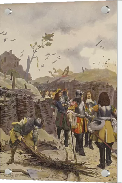 King Louis XIV visiting the trenches of Lille (colour litho)