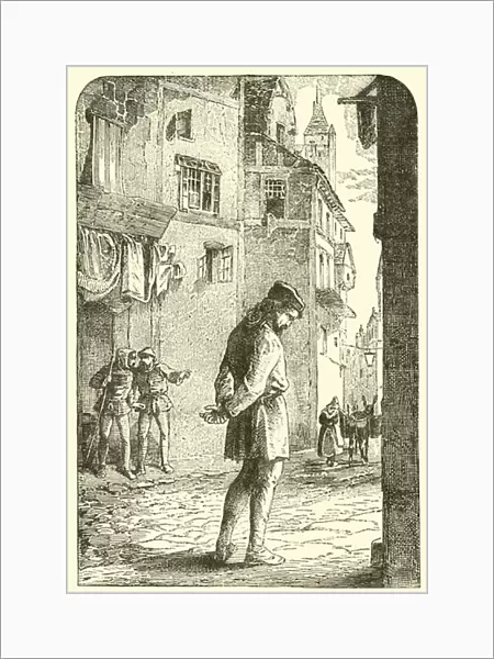 Bernard Palissy, the Huguenot potter, with bowed head in the streets (engraving)