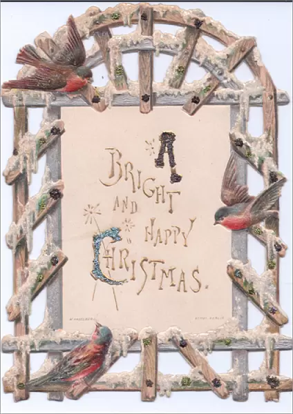 A Victorian shape-cut Christmas Card of three robins on a frosted trellis
