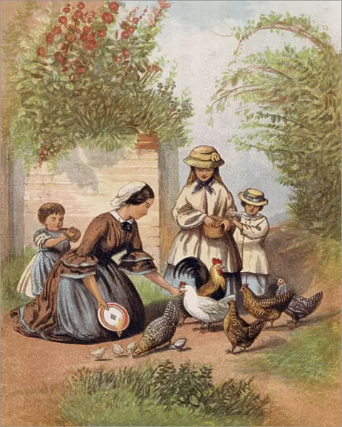 Feeding the Chickens (colour litho)