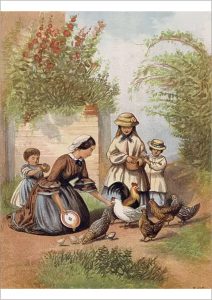Feeding the Chickens (colour litho)