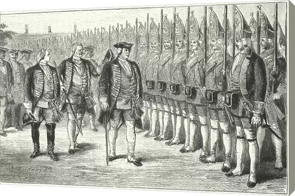 The Potsdamer Riesengarde, infantry regiment of taller than average soldiers in the army of Frederick William I of Prussia, 18th Century (engraving)