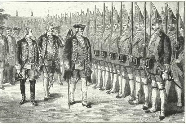 The Potsdamer Riesengarde, infantry regiment of taller than average soldiers in the army of Frederick William I of Prussia, 18th Century (engraving)
