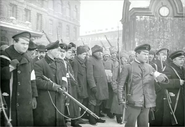 Revolutionary militia arresting policemen, February 1917 (b  /  w photo)