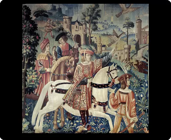 Middle Ages: the beginning for hunting falcon, on horseback