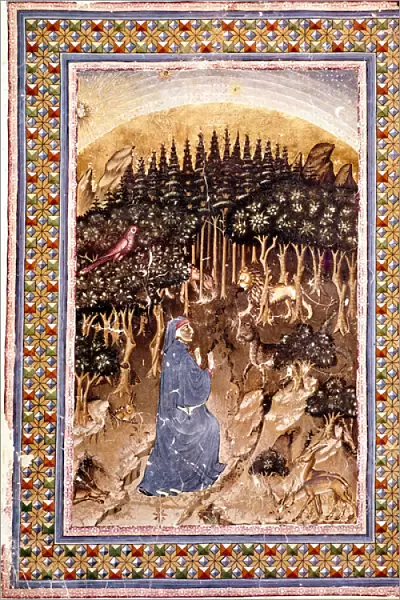 The poet Dante finds himself in a dark forest. Enluminated page of the first song of Hell