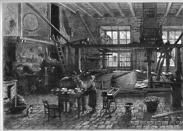 Canut workshop. Interior of a silk weaver workshop in Lyon during a crisis at the end of the 19th century. Engraving in ' Le Monde Illustre' n°1039 of 10 March 1877