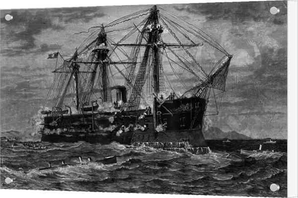 Boat ship attacked by torpedo boats (19th century). Engraving after the painting by