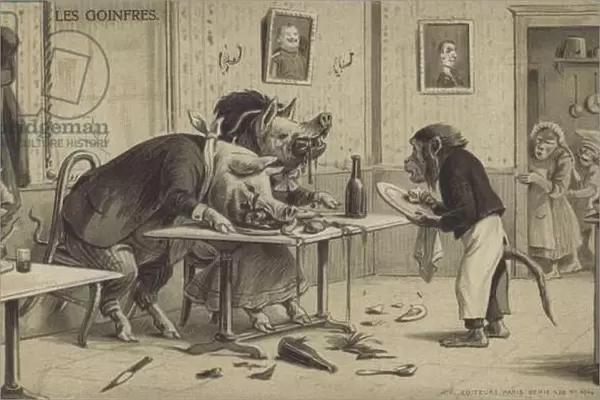 Pigs eating in a restaurant (litho)