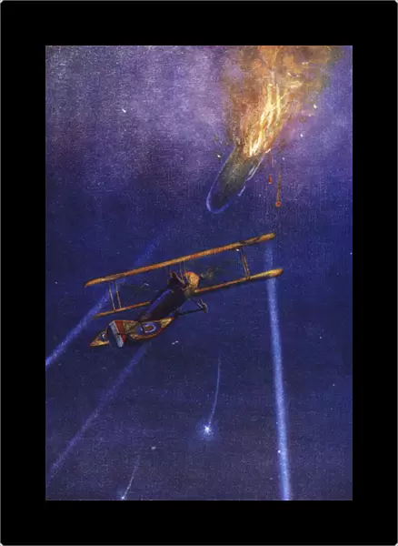 Lieutenant William Leefe Robinson attacks an enemy airship and brings it down in flames over Cuffley, Hertfordshire, September 1916 (colour litho)