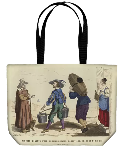 Blind man, water carrier, commissionaire and domestic servant, reign of Louis XIII of France, 17th Century (coloured engraving)
