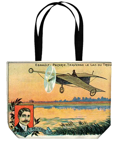 Robert Esnault-Pelterie flying over the Lac du Trou Sale, France, 1908 (chromolitho)