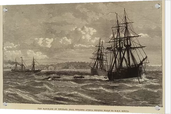 The Blockade of Whydah, Mail Steamer Africa sending Mails to HMS Sirius (engraving)