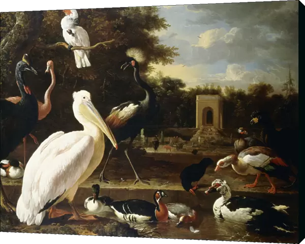 Many Different Types of Birds at a Pool in a Park, (oil on canvas)