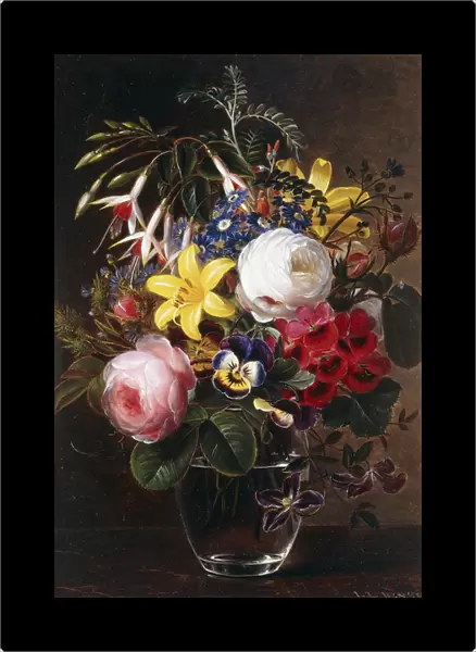 Roses, Lilies, Pansies and other Flowers in a Vase, (oil on panel)