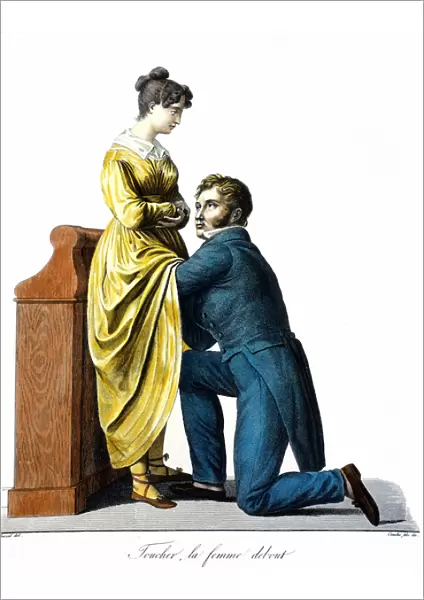 Touching a woman standing: A patient consults a doctor who auscults her under the dress
