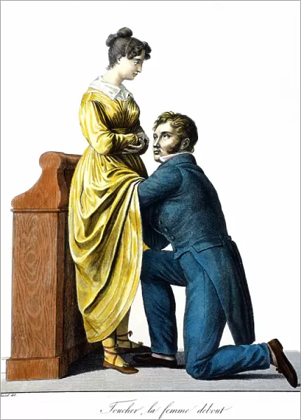 Touching a woman standing: A patient consults a doctor who auscults her under the dress