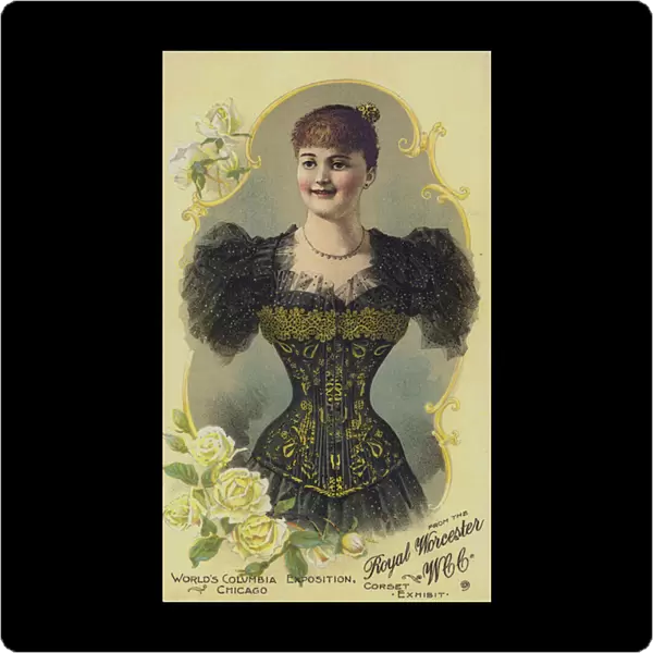 Advertisement for Royal Worcester womens corsets exhibited at the Worlds Columbia Exposition, Chicago, Illinois, USA, 1893 (colour litho)