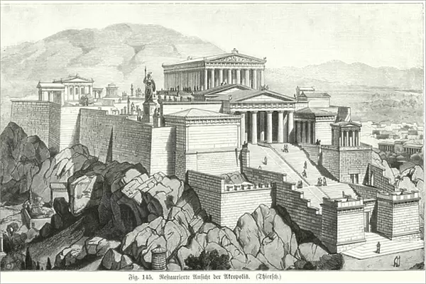 Reconstruction showing the Acropolis, Athens, during the time of the Ancient Greeks (engraving)