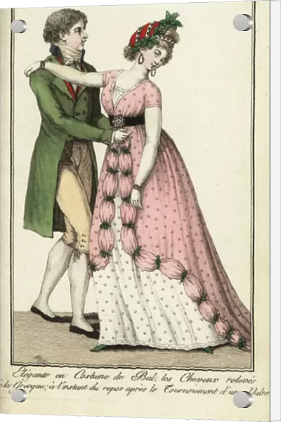 Dancers at a ball doing a turn in a waltz, 1798 (handcoloured copperplate engraving)