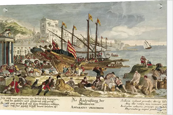 Goods loaded into a galley (colour engraving)