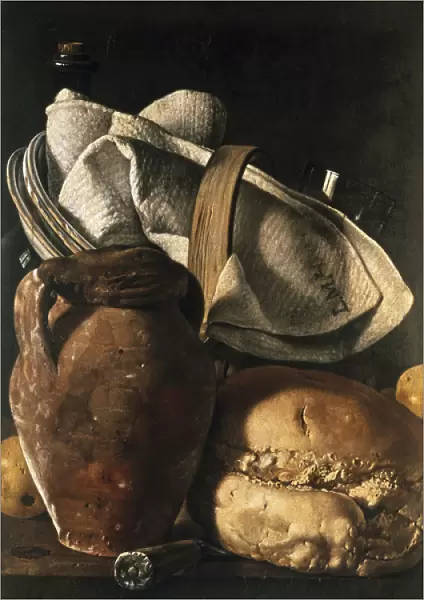 Still life of tea towel, jug and bread, 18th century (oil on canvas)
