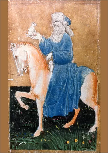 A mounted man holding a small dog, one of a set of playing cards depicting scenes of