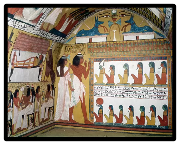 Sennedjem and his wife facing a naos containing twelve divinities