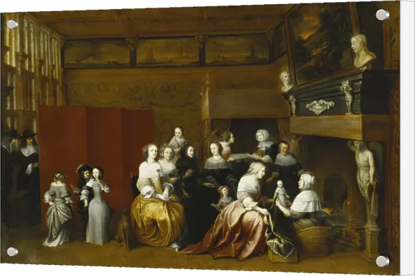 Ladies Celebrating the Birth of a Child, and Gentlemen Looking on from Behind a Screen