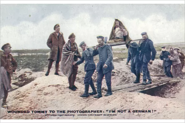 Wounded soldier carried on a stretcher (colour photo)