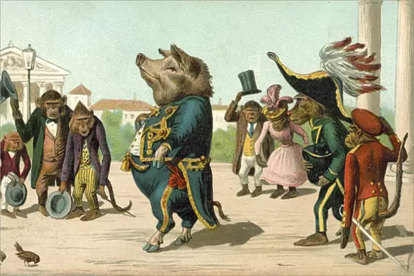 Pig dressed as a general (colour litho)