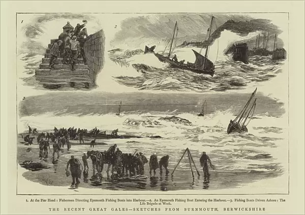 The Recent Great Gales, Sketches from Burnmouth, Berwickshire (engraving)