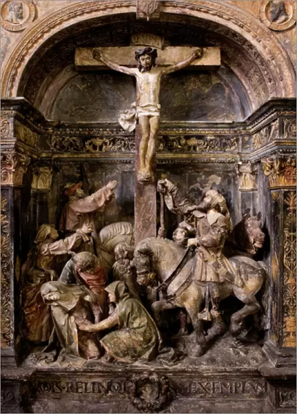 Altar piece, central panel, The crucifixion and the swoon of the Virgin (painted stone)