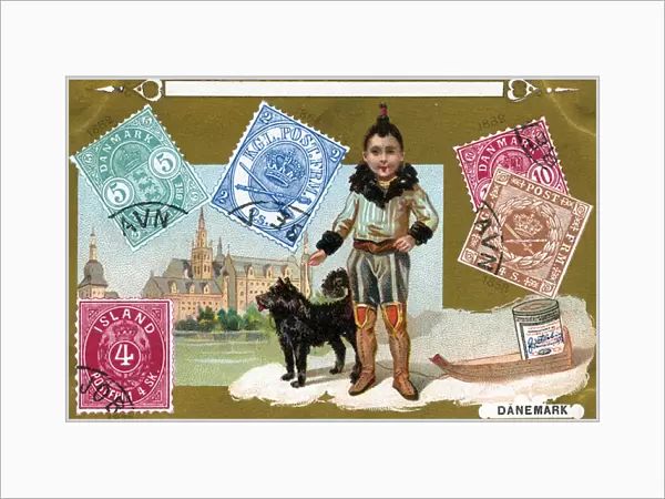 Danish and Icelandic Postage Stamps with an Inuit child and his dog, 1897 (colour litho)