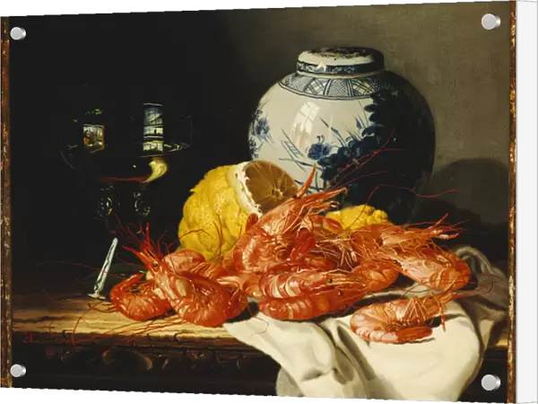 Shrimps, a peeled lemon, a glass of wine and a blue and white ginger jar on a draped