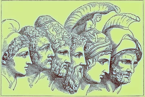 The Heroes of the Trojan War: Paris, Diomedes, Odysseus, Nestor, Achilles, Agamemnon, illustration from The Illustrated History of the World, published c. 1880 (digitally enhanced image)